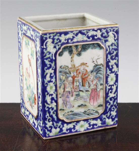 A Chinese famille rose square brushpot, Guangxu seal mark and of the period (1875-1908), 14cm